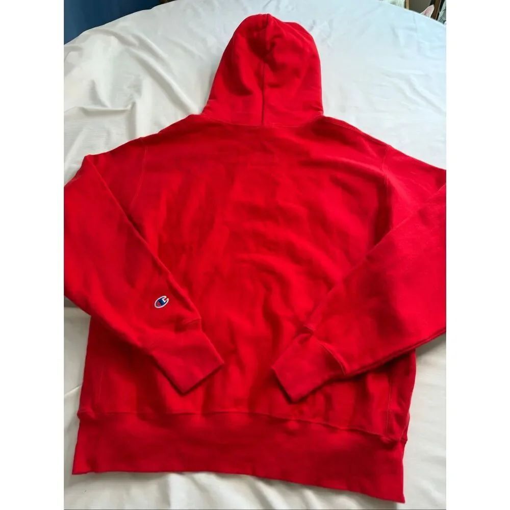Vintage Champion Spellout Hoodie Red Old English Print Y2K Reverse Weave Large - Picture 9 of 10